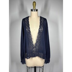 Norton McNaughton Gauzy Sweater XL Blue Crochet Lace Trim Sheer Baggy Loose
